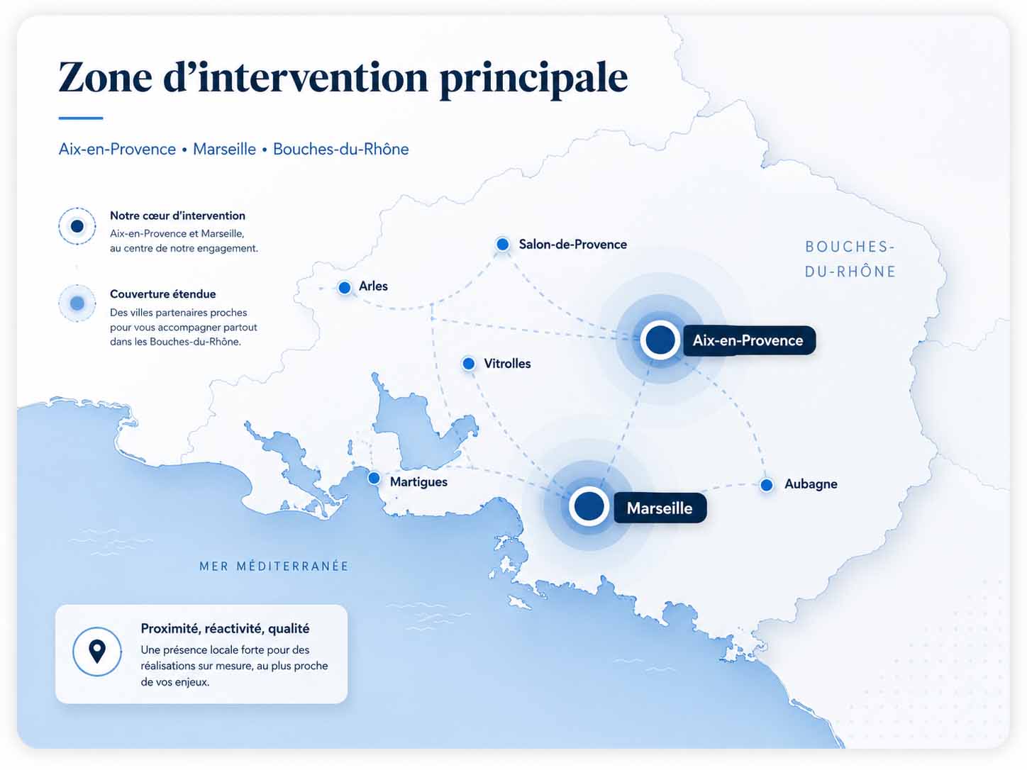 Carte de la zone d’intervention de PICMEDIAPROD autour d’Aix-en-Provence, Marseille et dans les Bouches-du-Rhône